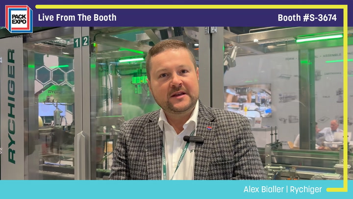 Alex Bigler from Rychiger speaking at Pack Expo booth S-3674 during live broadcast