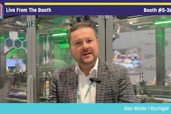 Alex Bigler from Rychiger speaking at Pack Expo booth S-3674 during live broadcast