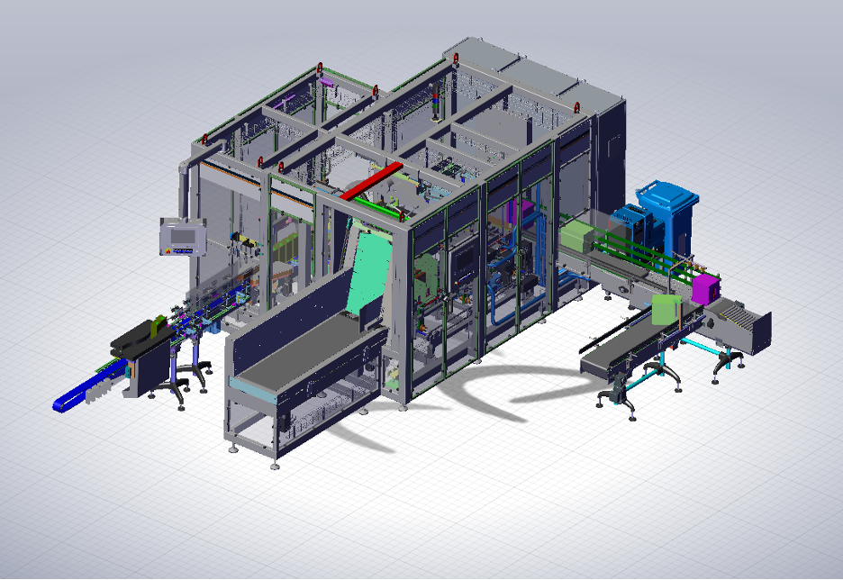 3D isometric rendering of automated industrial processing equipment with modular components in blue, green, and purple