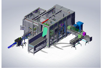 3D isometric rendering of automated industrial processing equipment with modular components in blue, green, and purple