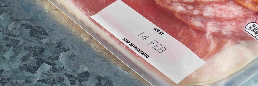 White product label with text on textured red and blue surface packaging