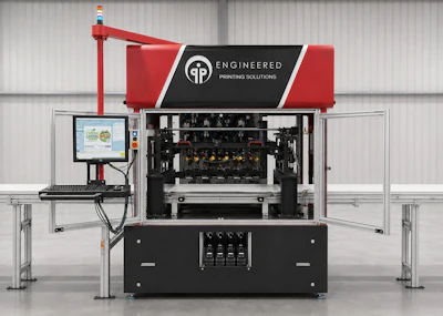 Industrial printing machine with red gantry arm and Engineered Printing Solutions branding in warehouse facility