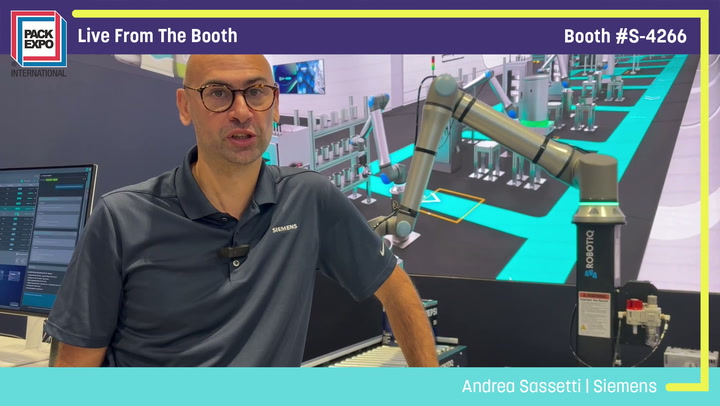 Man in Siemens polo shirt presents industrial automation equipment at Pack Expo booth S-4266