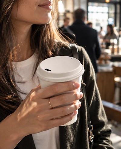 Woman holding white disposable coffee cup in busy café with warm sunlight